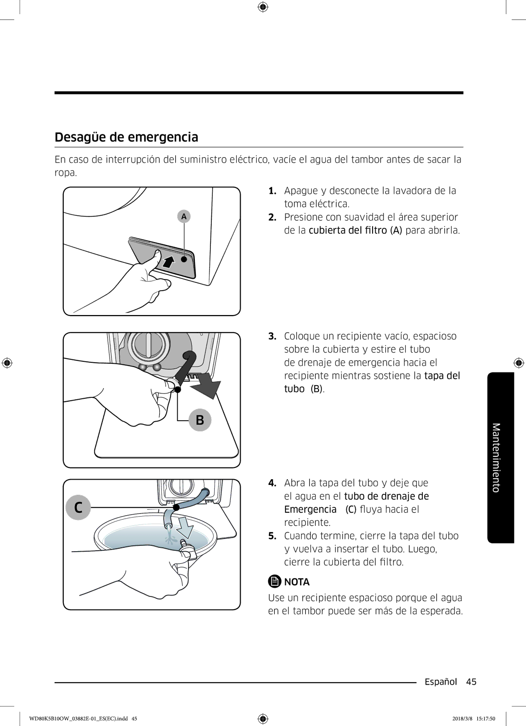 Samsung WD80K5B10OW/EC manual Desagüe de emergencia 