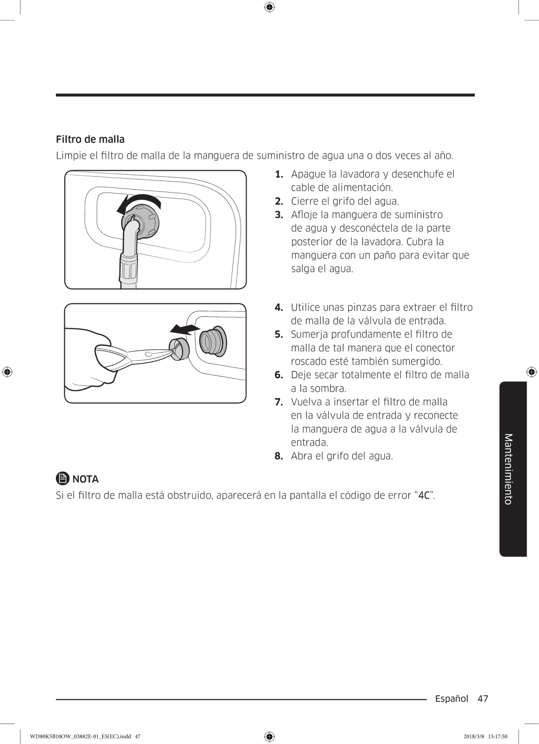 Samsung WD80K5B10OW/EC manual Nota 