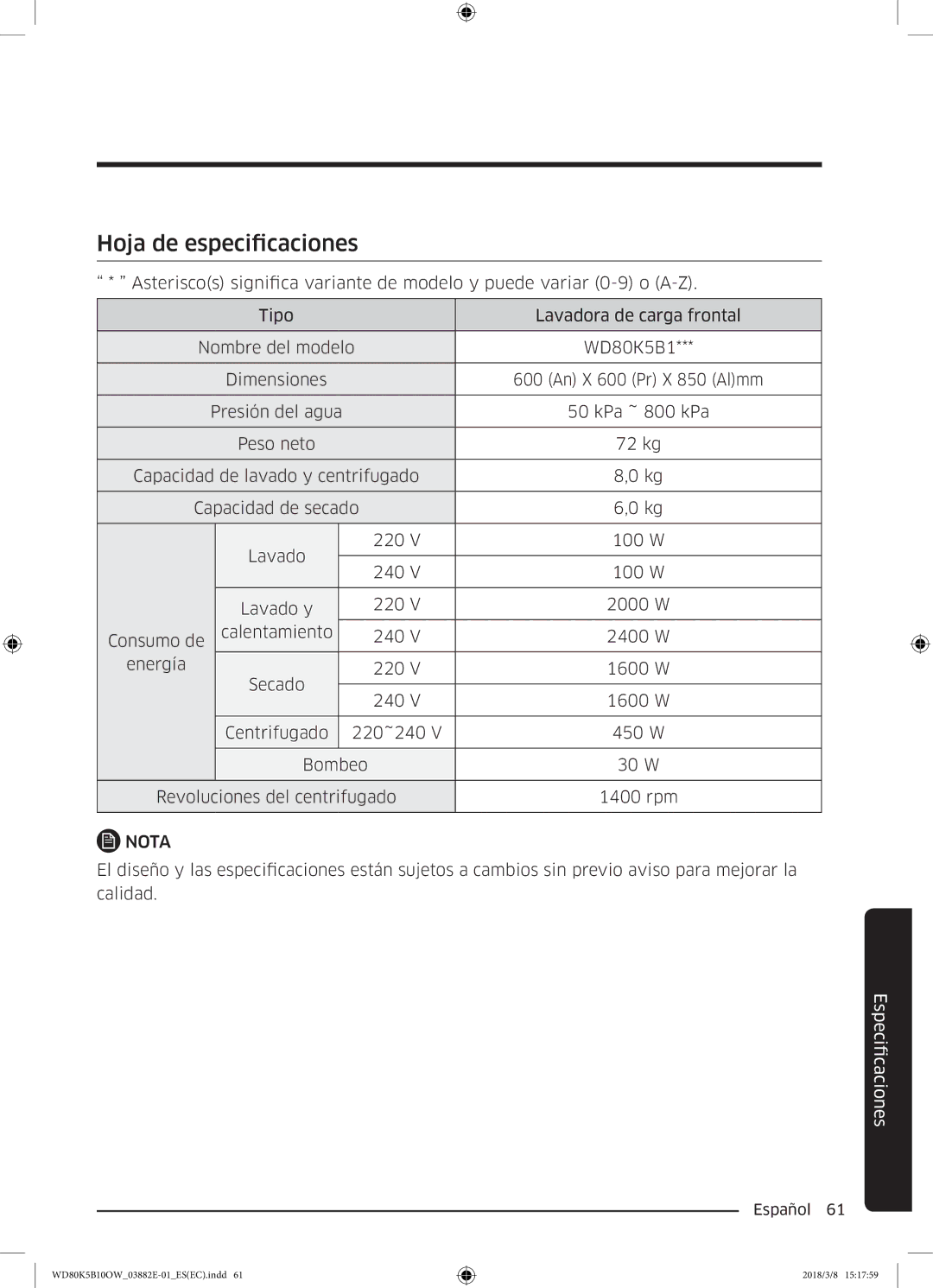 Samsung WD80K5B10OW/EC manual Hoja de especificaciones 