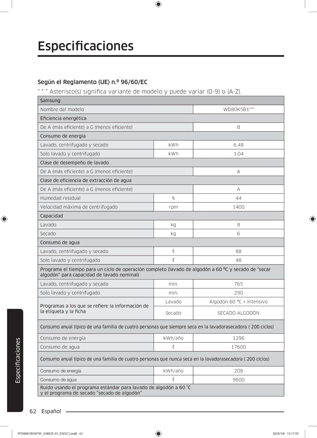 Samsung WD80K5B10OW/EC manual Secado Algodón 