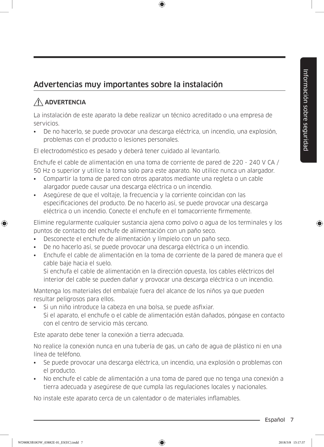 Samsung WD80K5B10OW/EC manual Advertencias muy importantes sobre la instalación 