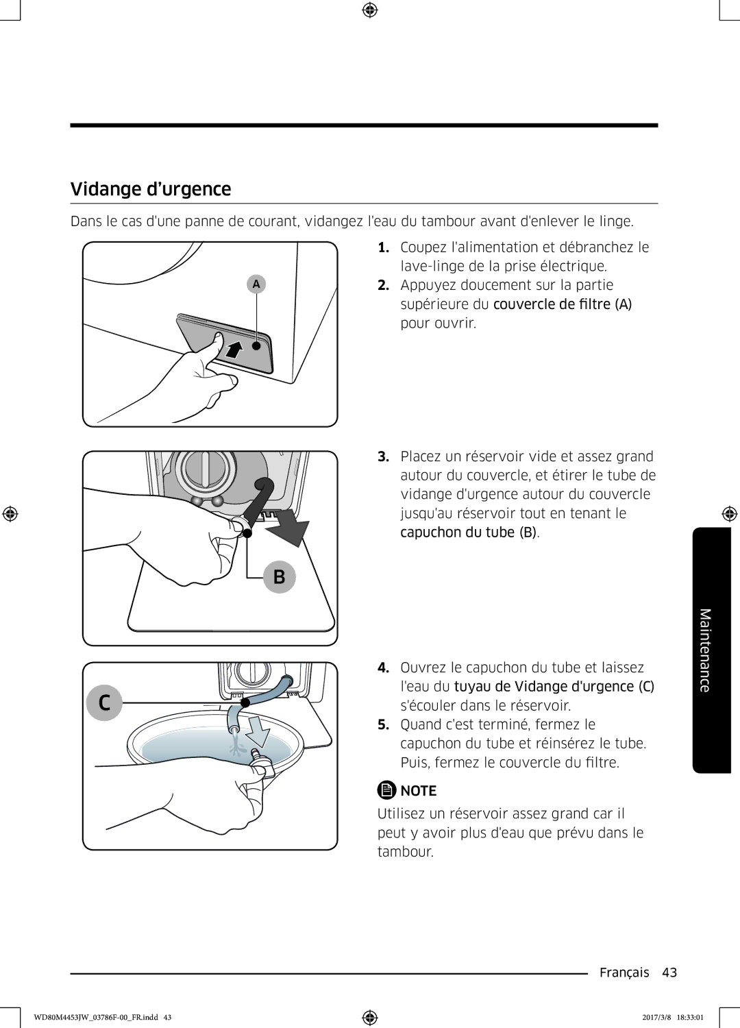 Samsung WD80M4453JW/EF, WD80M4453JW/WS manual Vidange d’urgence 