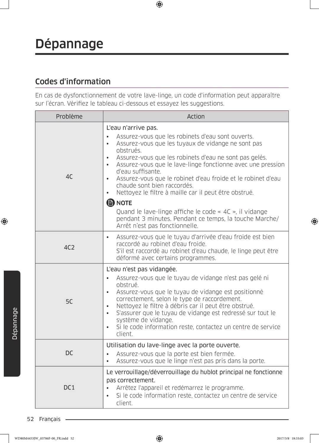 Samsung WD80M4453JW/WS, WD80M4453JW/EF manual Codes dinformation, DC1 