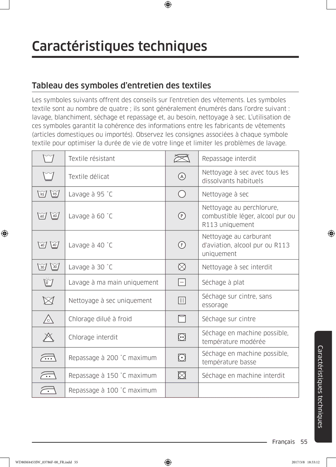 Samsung WD80M4453JW/EF, WD80M4453JW/WS manual Caractéristiques techniques, Tableau des symboles d’entretien des textiles 