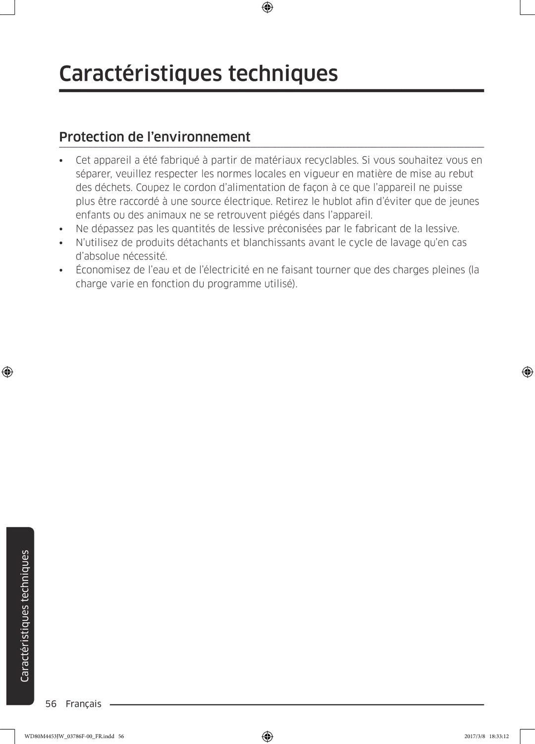 Samsung WD80M4453JW/WS, WD80M4453JW/EF manual Protection de l’environnement 