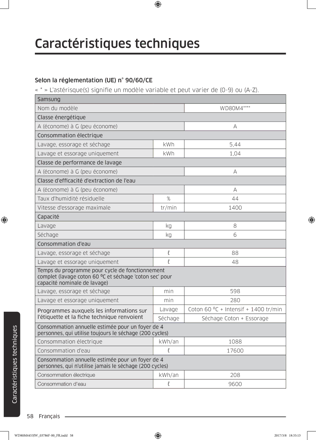 Samsung WD80M4453JW/WS, WD80M4453JW/EF manual Séchage Coton + Essorage 