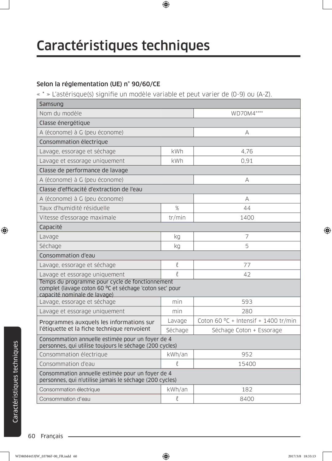 Samsung WD80M4453JW/WS, WD80M4453JW/EF manual Caractéristiques techniques 