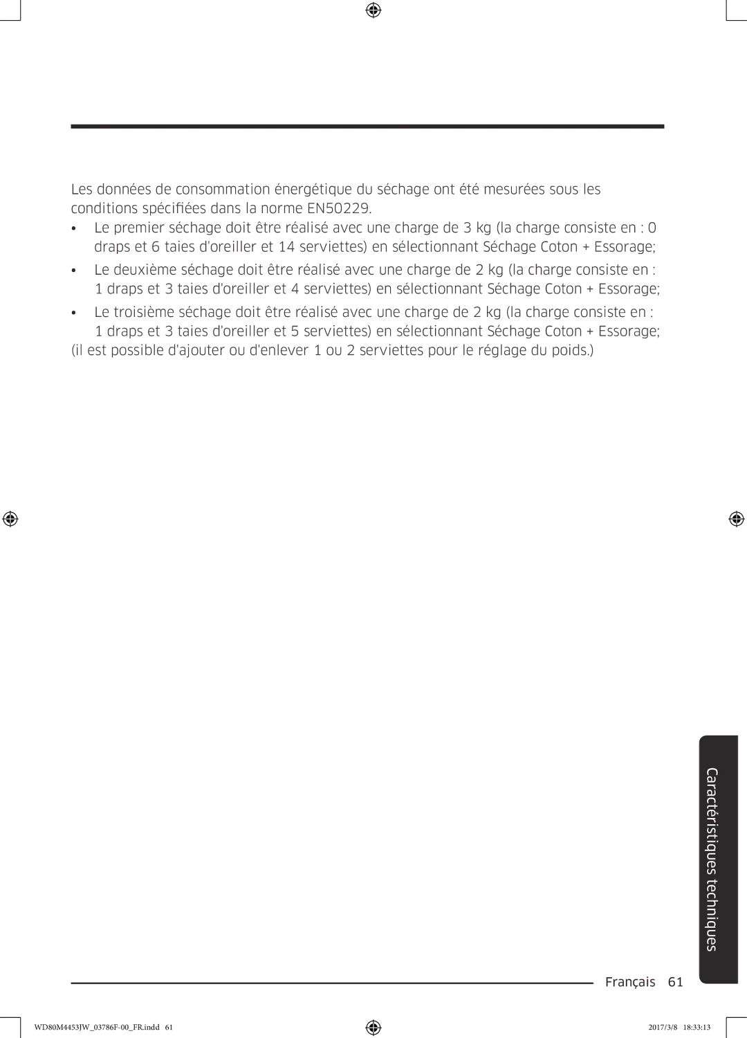 Samsung WD80M4453JW/EF, WD80M4453JW/WS manual Caractéristiques techniques 