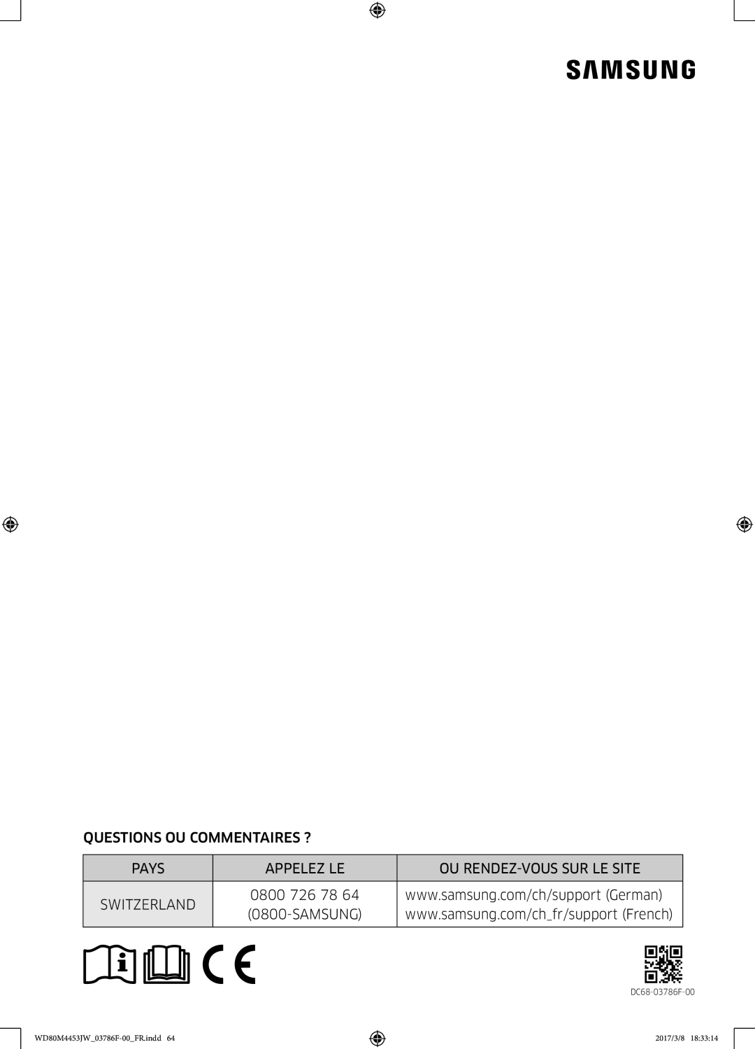 Samsung WD80M4453JW/WS, WD80M4453JW/EF manual 0800 726 78 Samsung 