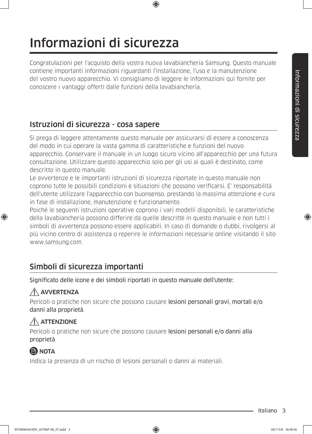 Samsung WD80M4453JW/EF Informazioni di sicurezza, Istruzioni di sicurezza cosa sapere, Simboli di sicurezza importanti 