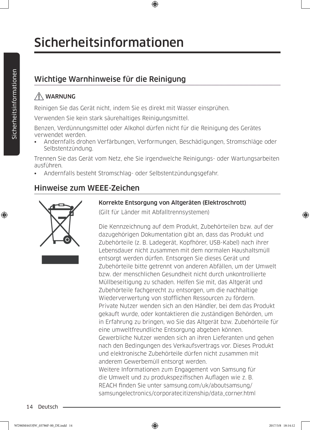 Samsung WD80M4453JW/WS, WD80M4453JW/EF manual Wichtige Warnhinweise für die Reinigung, Hinweise zum WEEE-Zeichen 