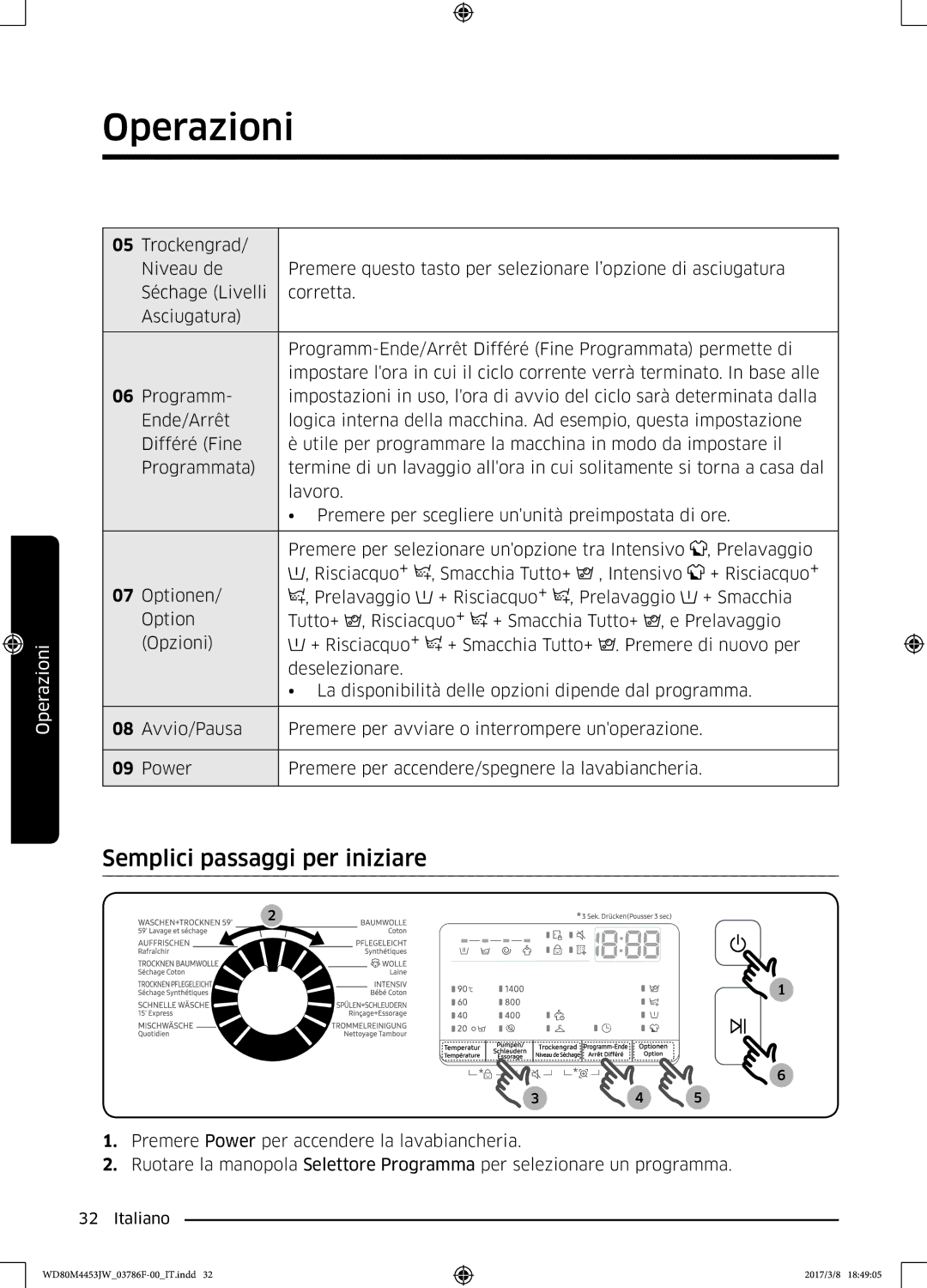 Samsung WD80M4453JW/WS, WD80M4453JW/EF manual Semplici passaggi per iniziare 