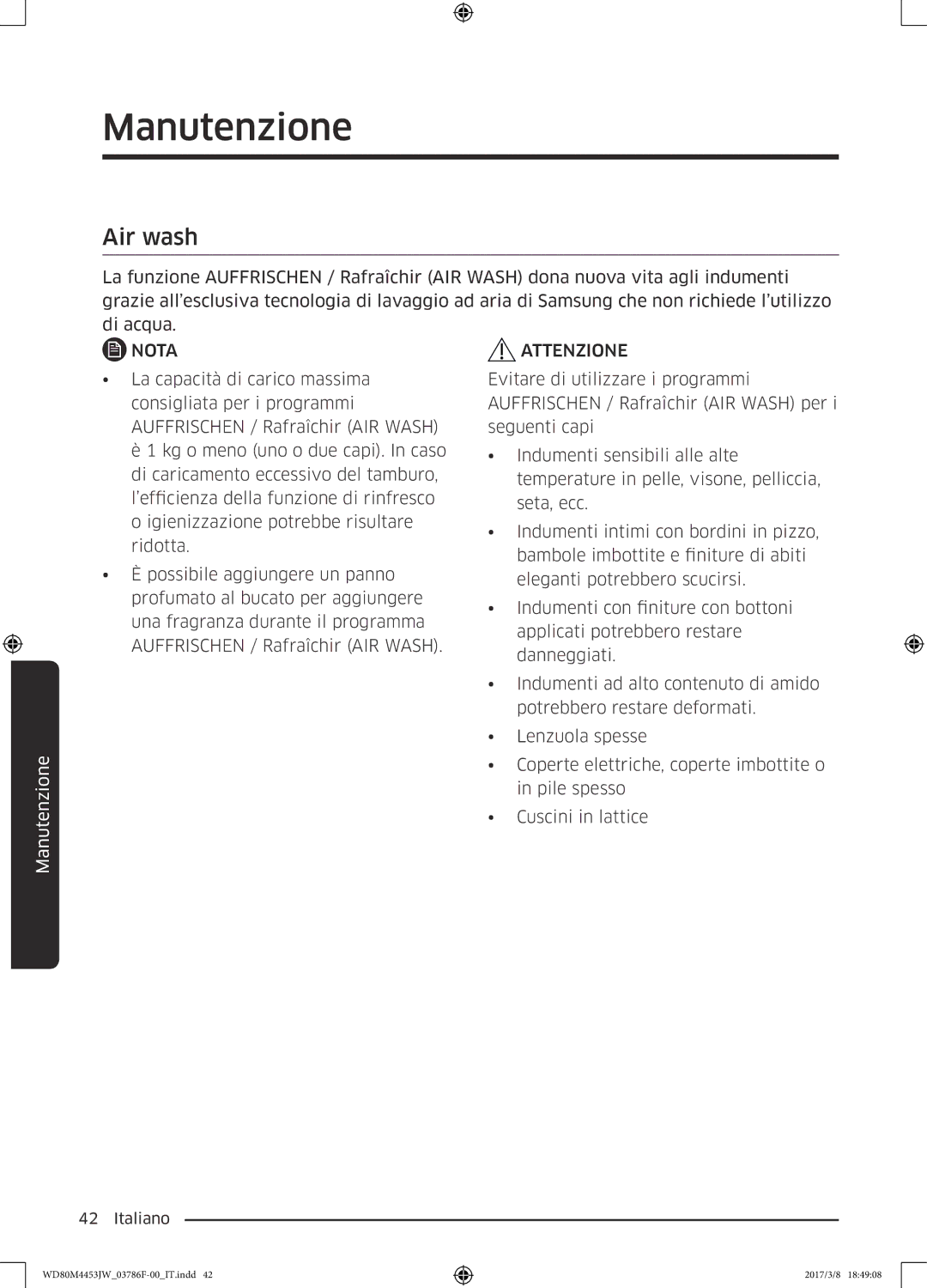 Samsung WD80M4453JW/WS, WD80M4453JW/EF manual Air wash 