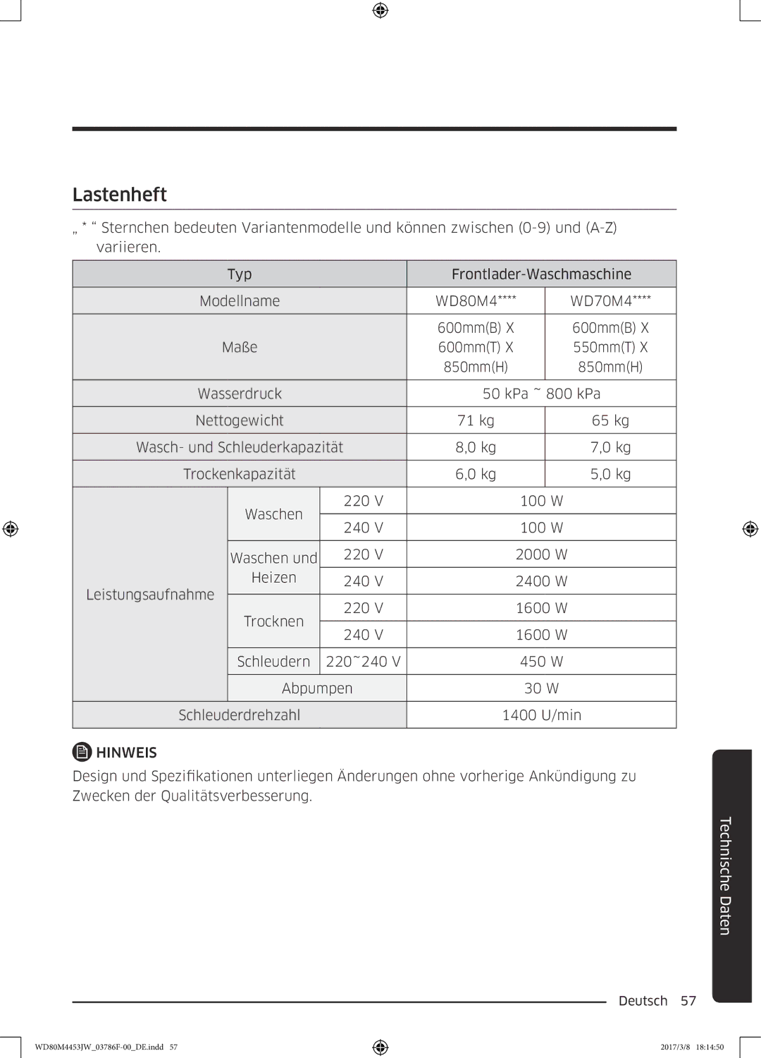 Samsung WD80M4453JW/EF, WD80M4453JW/WS manual Lastenheft, Hinweis 