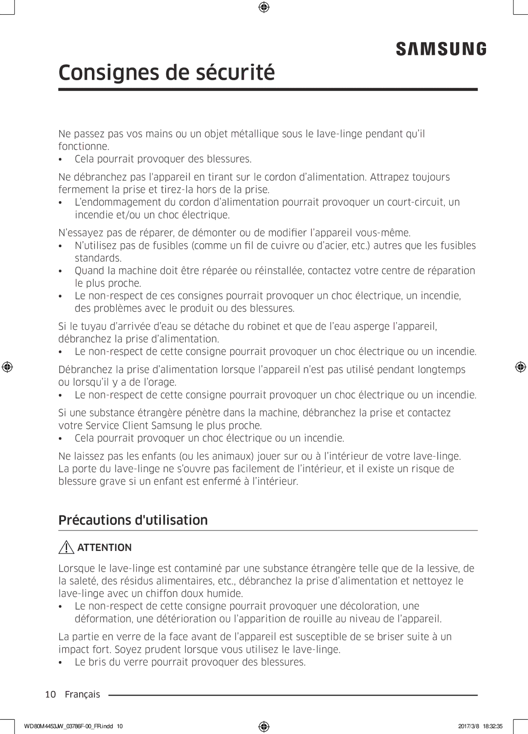 Samsung WD80M4453JW/WS, WD80M4453JW/EF manual Précautions dutilisation 