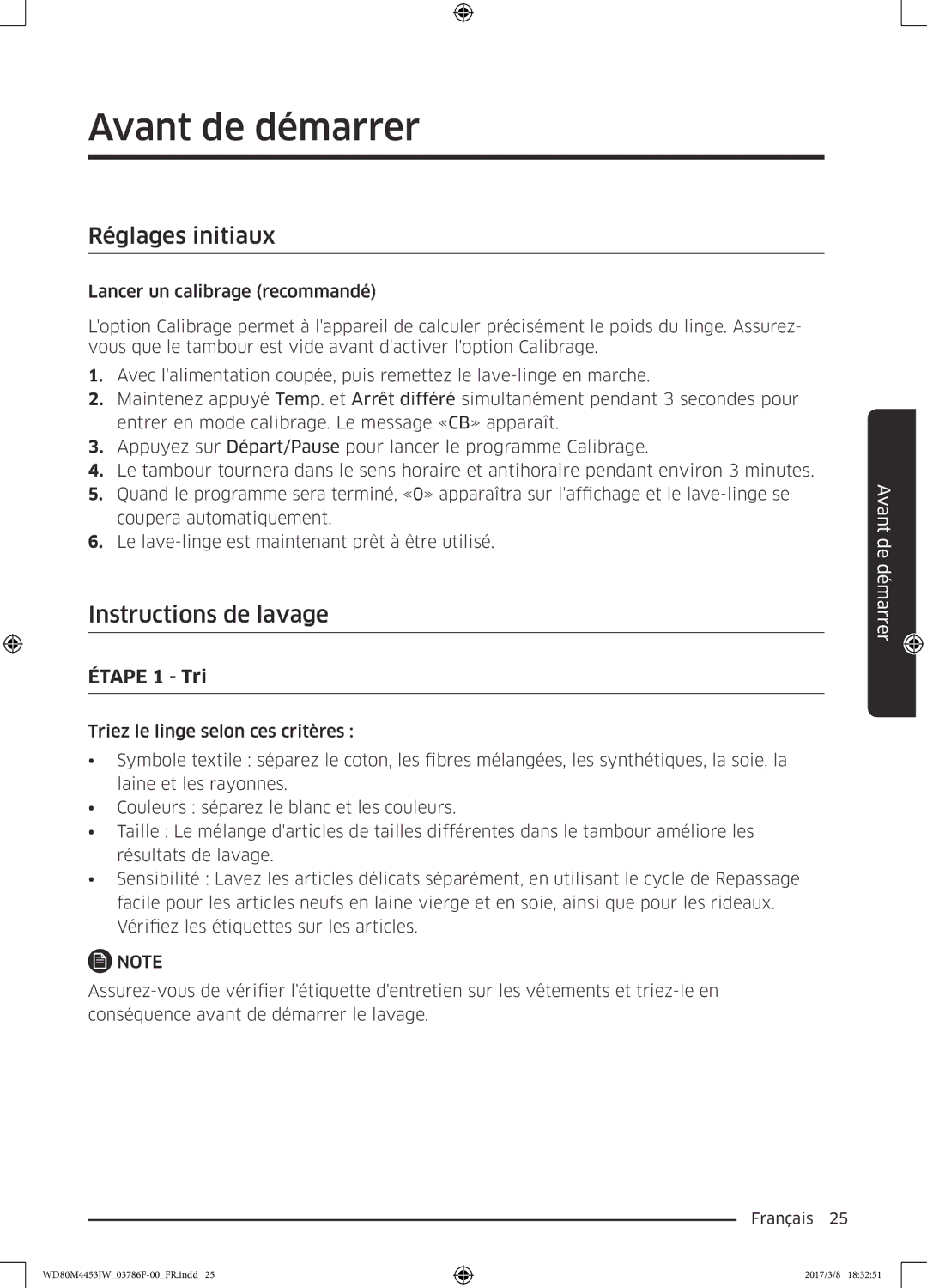 Samsung WD80M4453JW/EF, WD80M4453JW/WS manual Avant de démarrer, Réglages initiaux, Instructions de lavage, Étape 1 Tri 