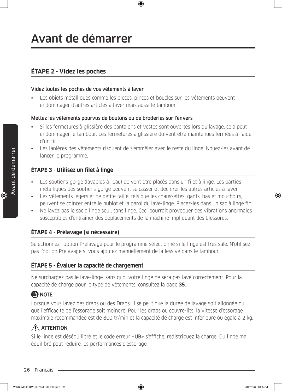 Samsung WD80M4453JW/WS manual Étape 2 Videz les poches, Étape 3 Utilisez un filet à linge, Étape 4 Prélavage si nécessaire 