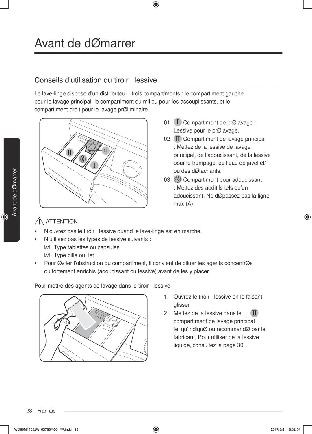 Samsung WD80M4453JW/WS, WD80M4453JW/EF manual Conseils dutilisation du tiroir à lessive 