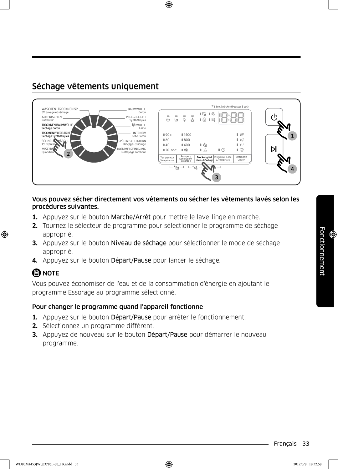 Samsung WD80M4453JW/EF, WD80M4453JW/WS manual Séchage vêtements uniquement 