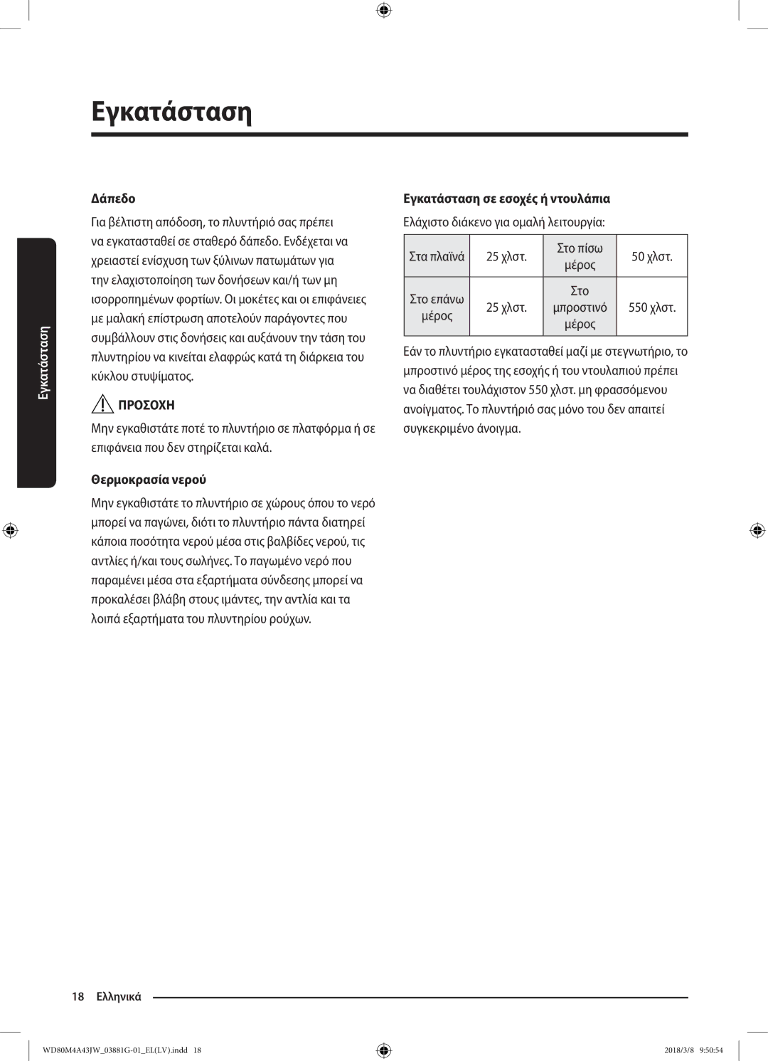 Samsung WD80M4A43JW/LV manual Δάπεδο, Θερμοκρασία νερού, Εγκατάσταση σε εσοχές ή ντουλάπια 