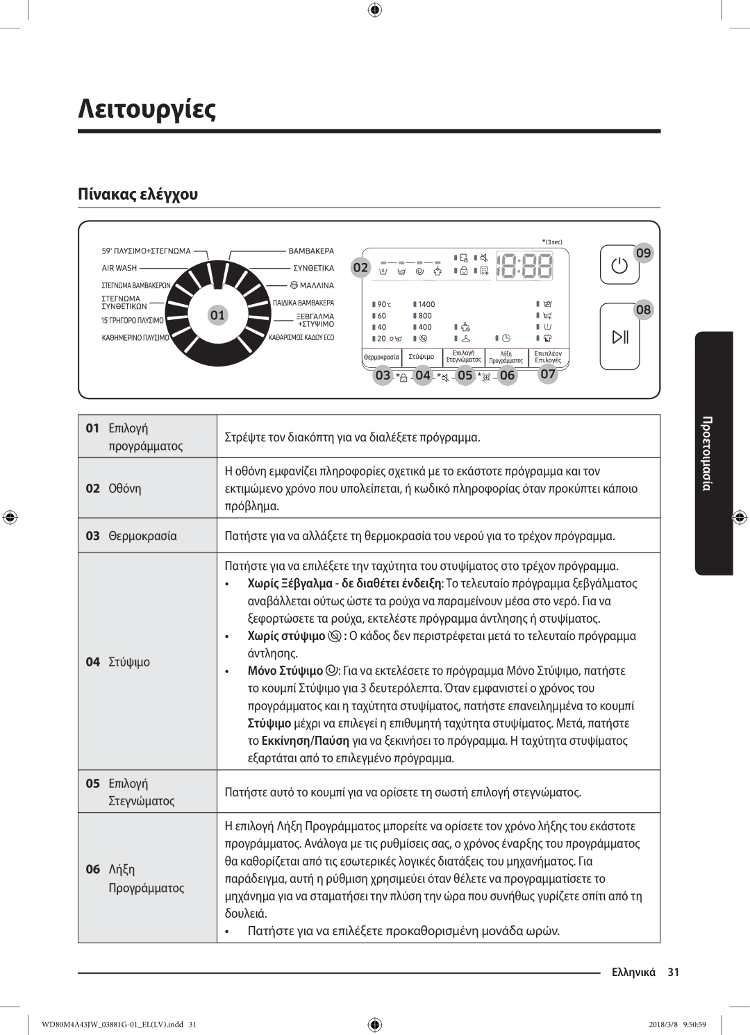 Samsung WD80M4A43JW/LV manual Λειτουργίες 