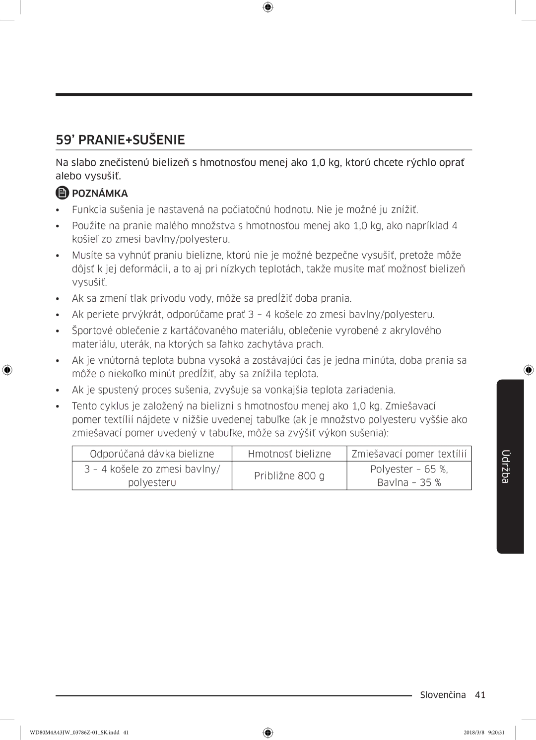 Samsung WD80M4A43JW/ZE manual 59’ PRANIE+SUŠENIE 