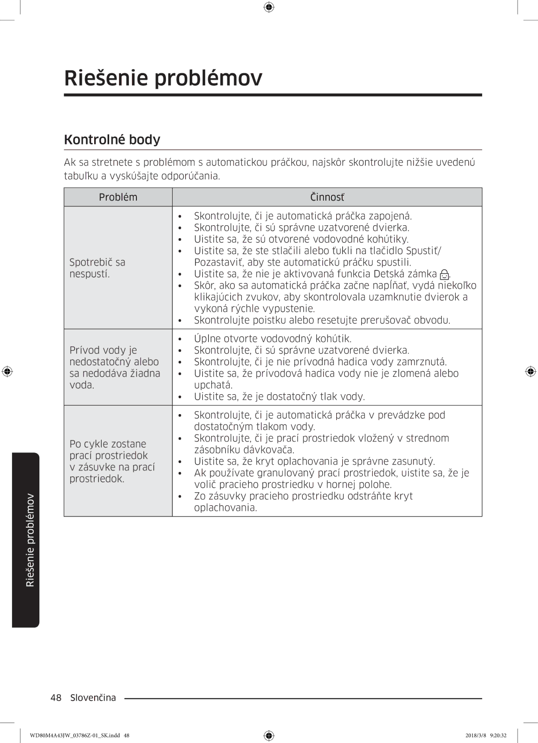 Samsung WD80M4A43JW/ZE manual Riešenie problémov, Kontrolné body 