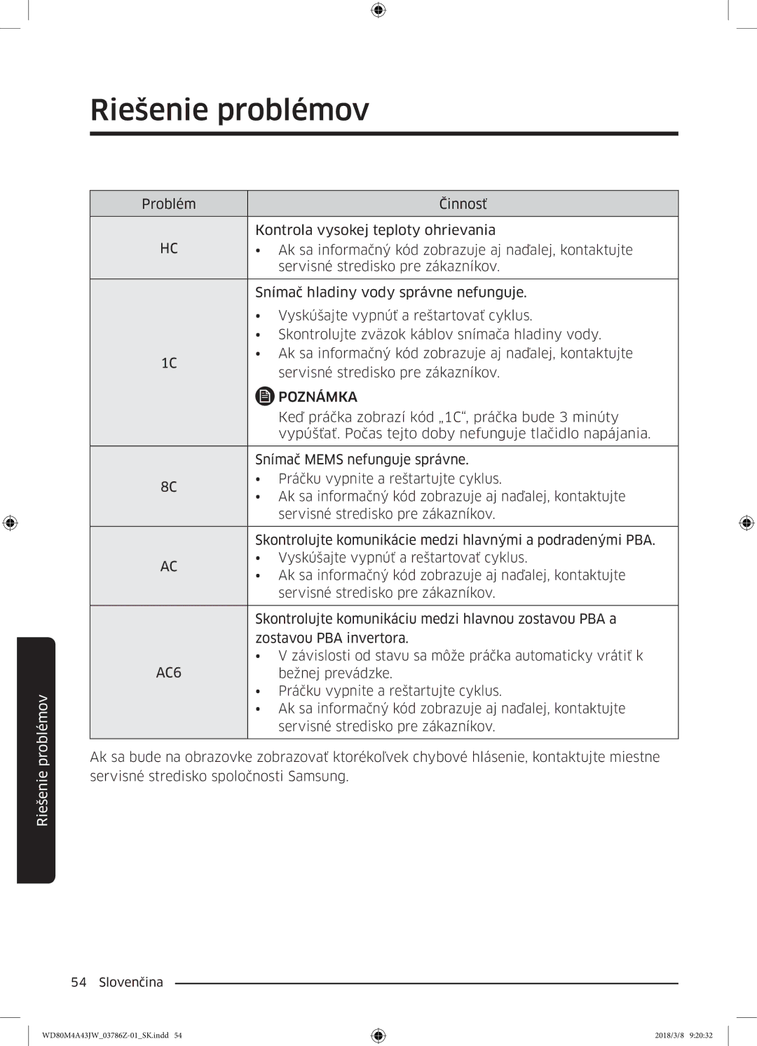 Samsung WD80M4A43JW/ZE manual Keď práčka zobrazí kód „1C, práčka bude 3 minúty 