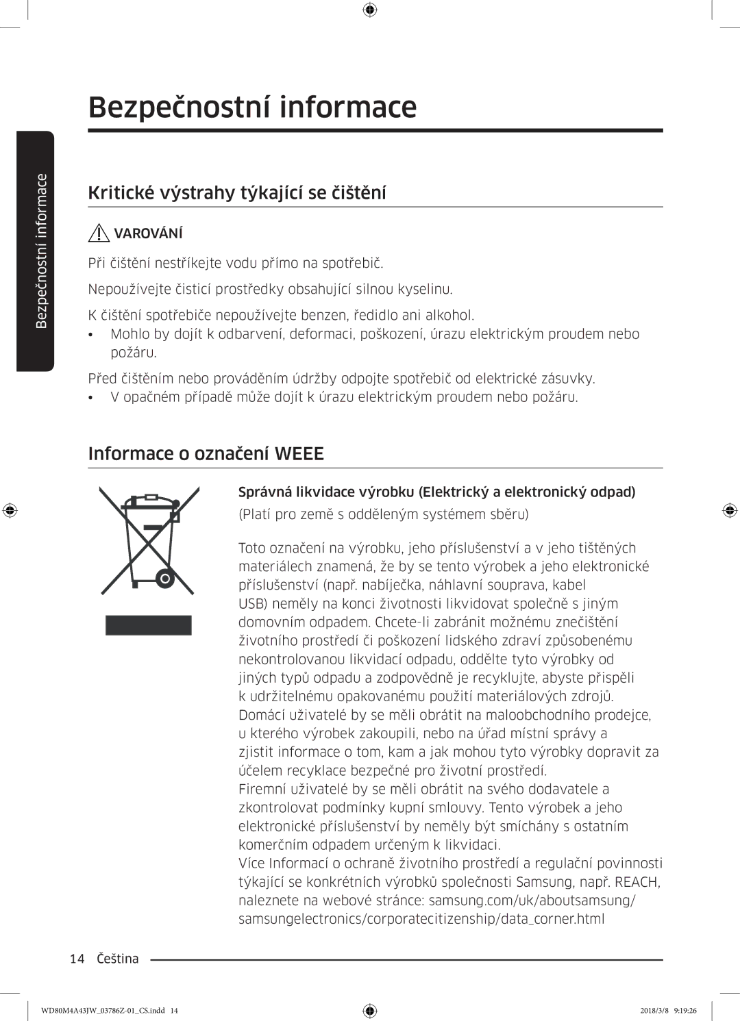 Samsung WD80M4A43JW/ZE manual Kritické výstrahy týkající se čištění, Informace o označení Weee 