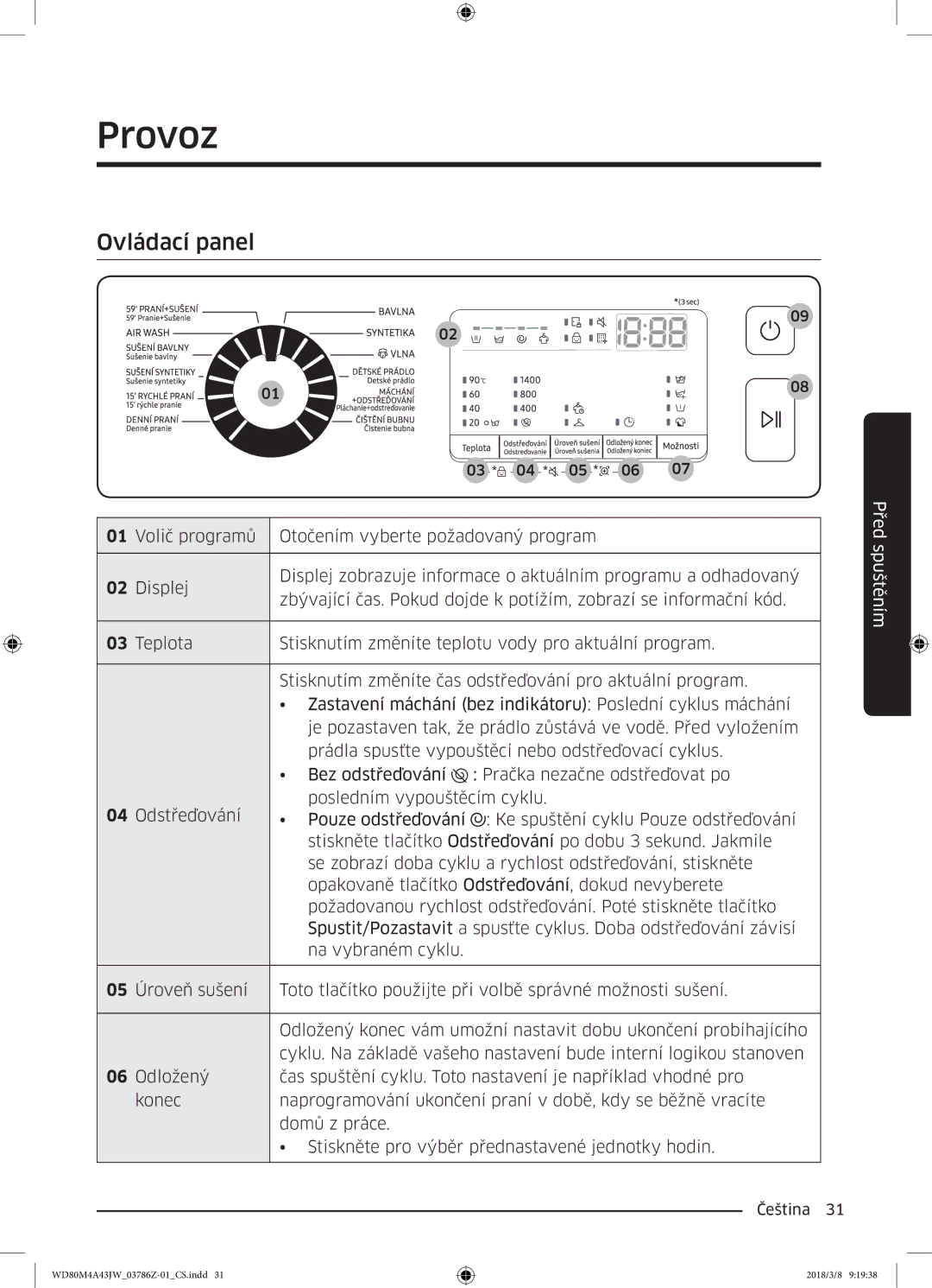 Samsung WD80M4A43JW/ZE manual Provoz, Ovládací panel 