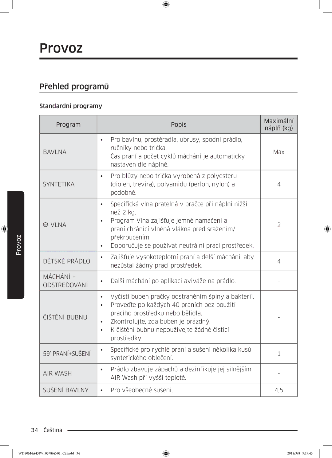 Samsung WD80M4A43JW/ZE manual Přehled programů 