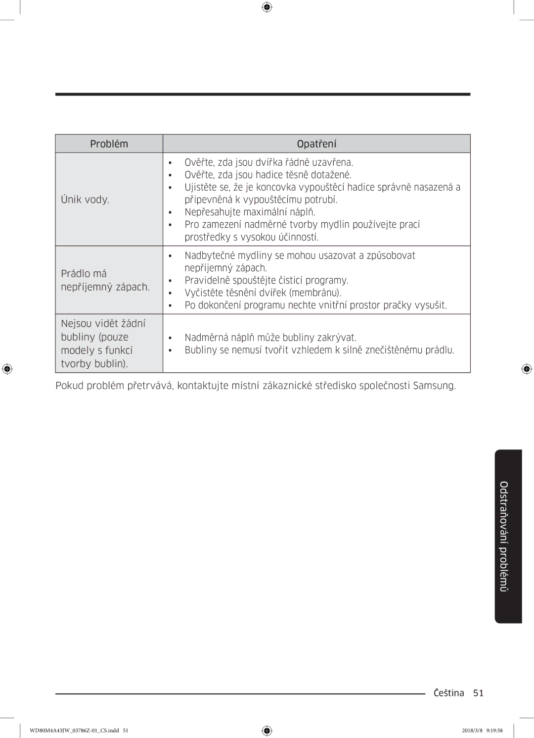 Samsung WD80M4A43JW/ZE manual Odstraňování problémů 