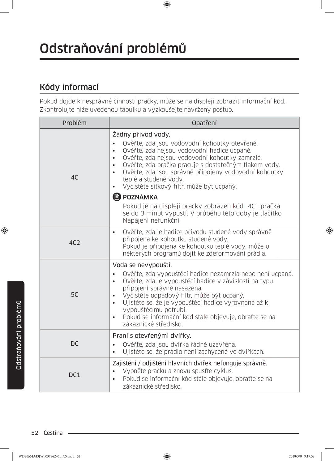 Samsung WD80M4A43JW/ZE manual Kódy informací, DC1 