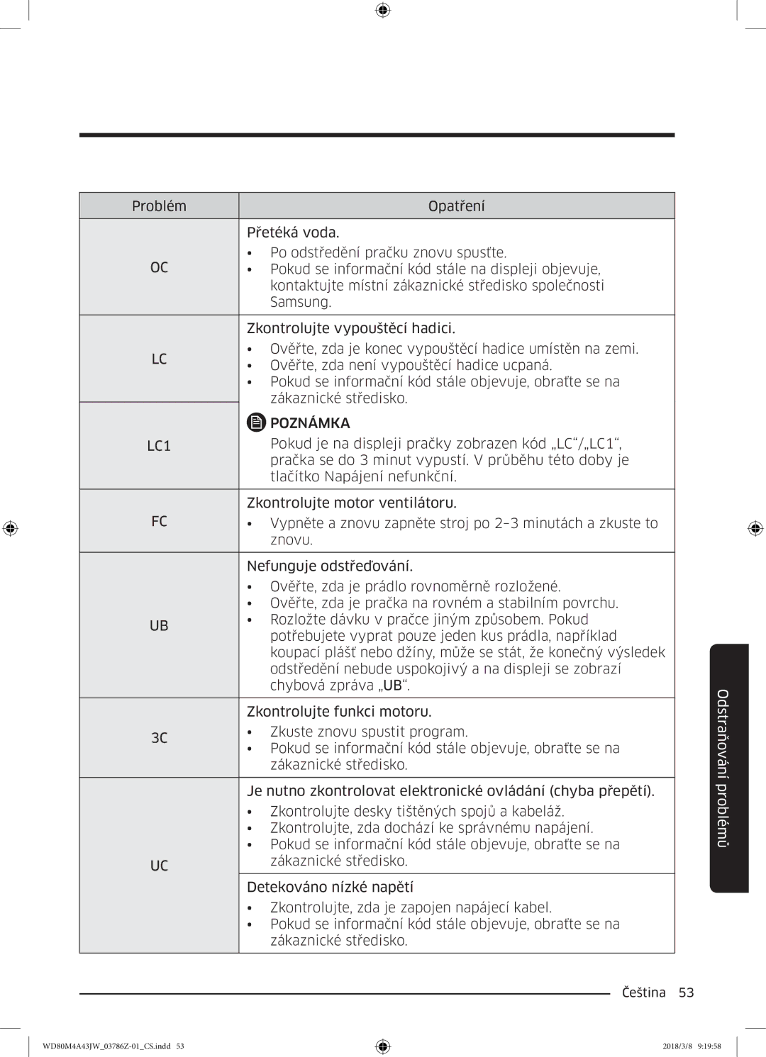 Samsung WD80M4A43JW/ZE manual Poznámka LC1 