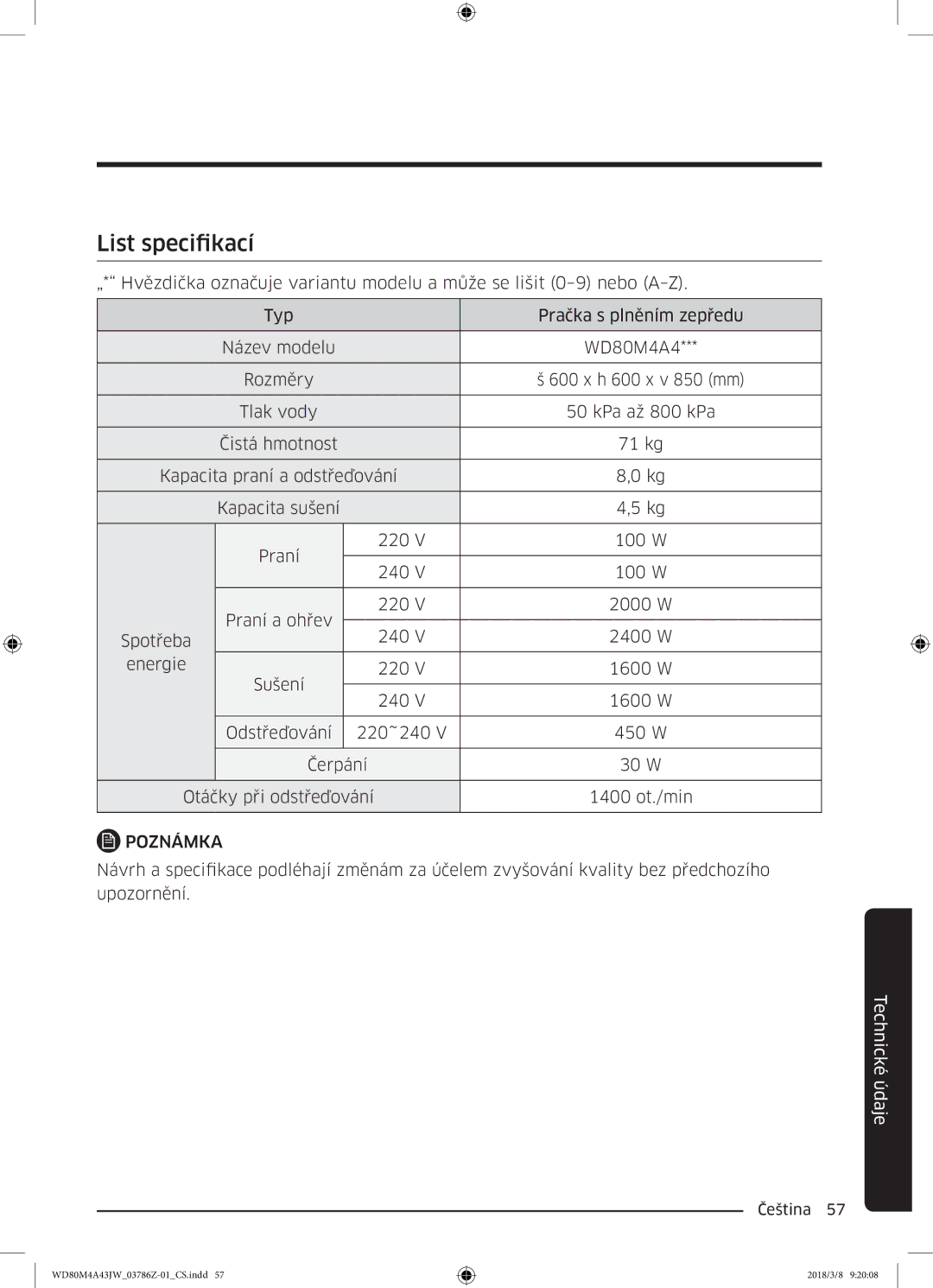 Samsung WD80M4A43JW/ZE manual List specifikací, Poznámka 