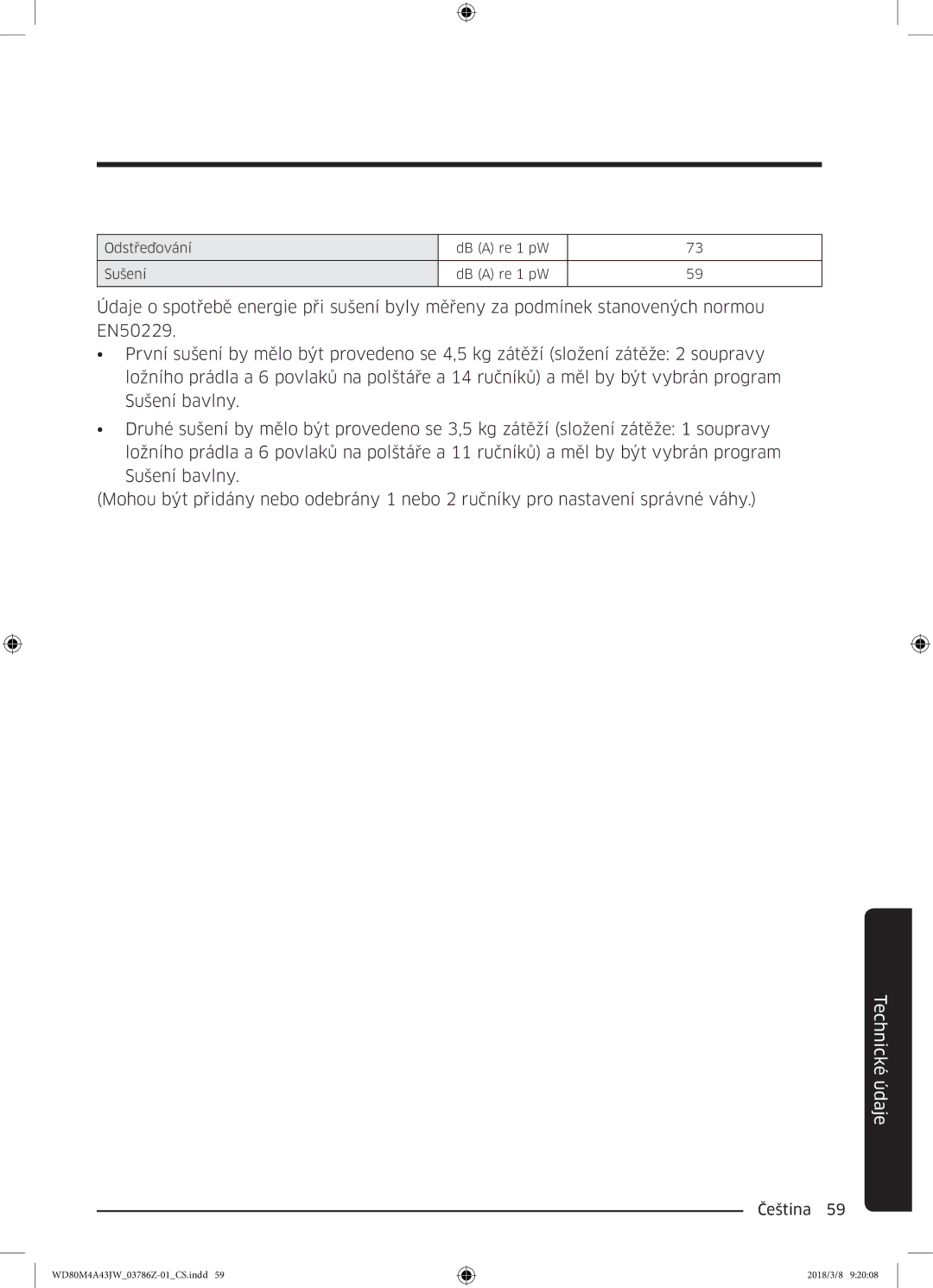 Samsung WD80M4A43JW/ZE manual Odstřeďování DB a re 1 pW Sušení 