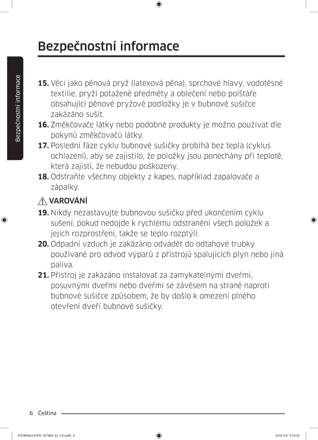 Samsung WD80M4A43JW/ZE manual Bezpečnostní informace 