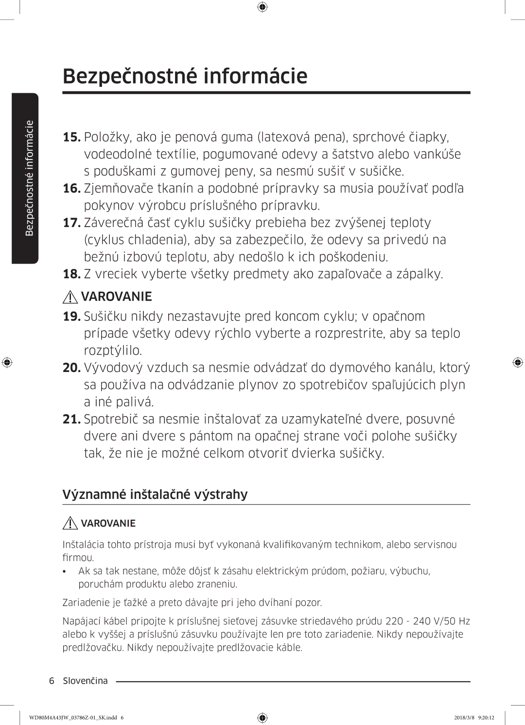 Samsung WD80M4A43JW/ZE manual Varovanie 