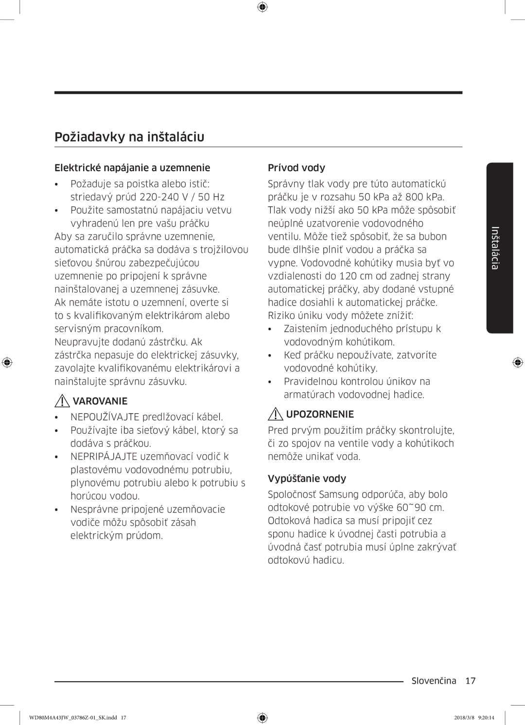 Samsung WD80M4A43JW/ZE manual Požiadavky na inštaláciu, Varovanie 