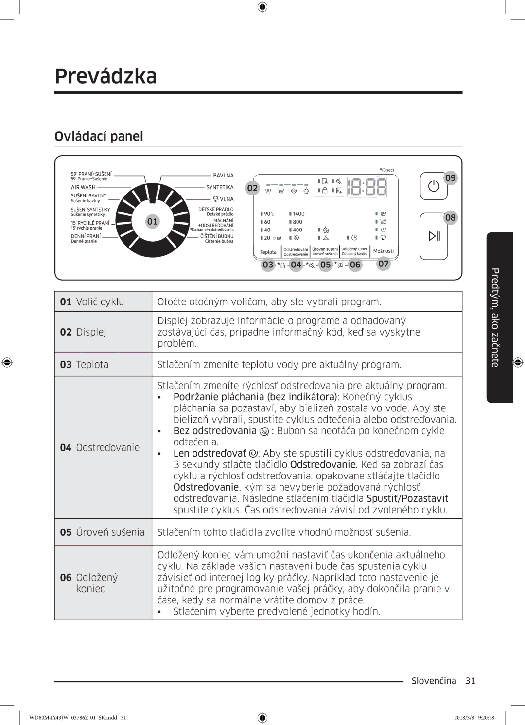 Samsung WD80M4A43JW/ZE manual Prevádzka, Ovládací panel 