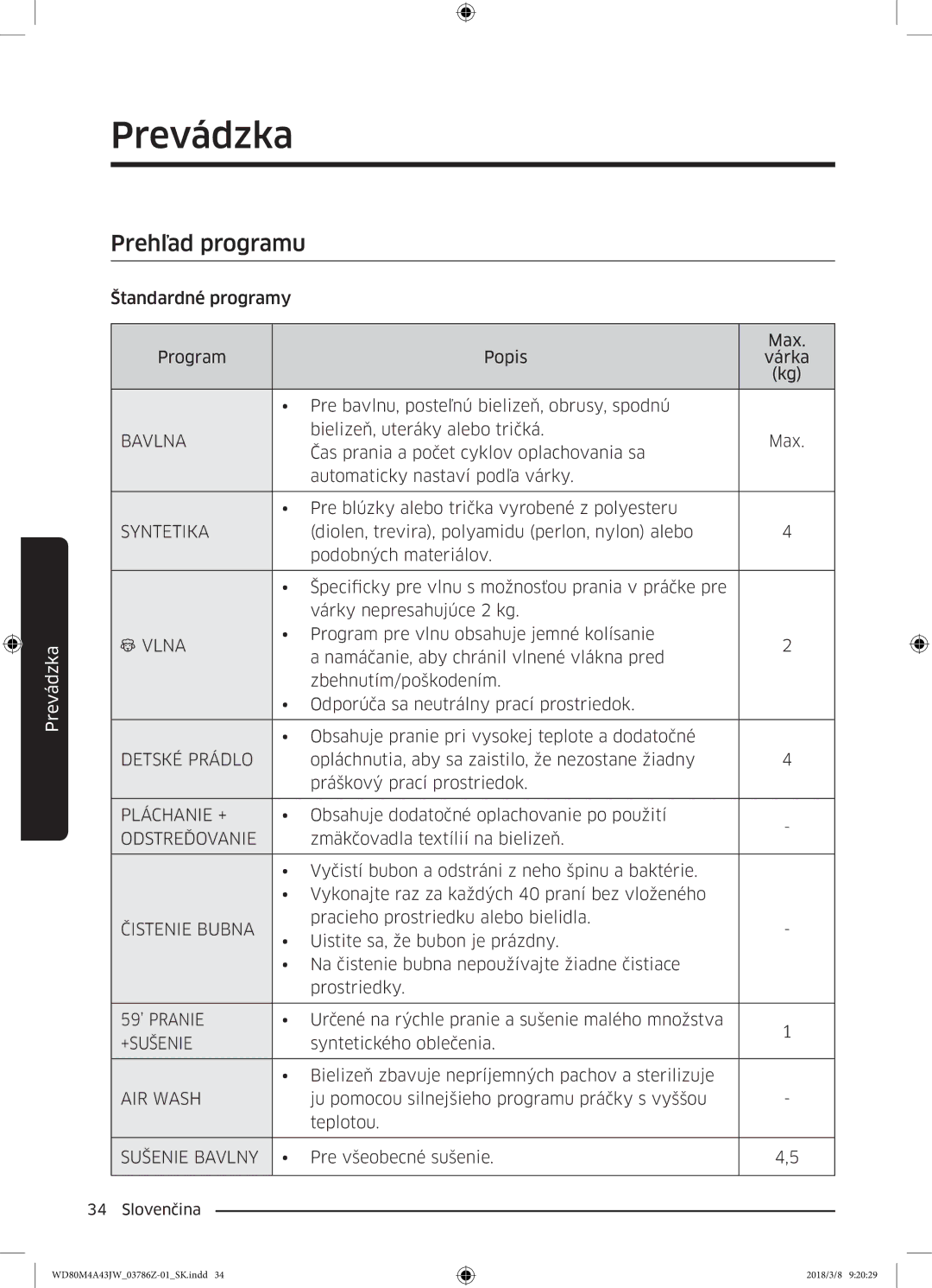 Samsung WD80M4A43JW/ZE manual Prehľad programu 