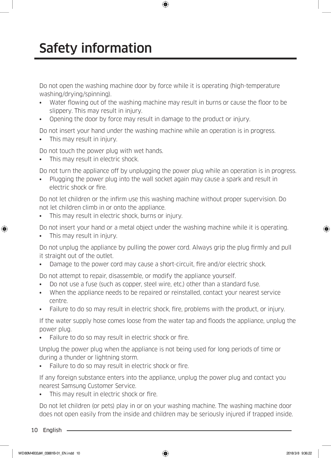 Samsung WD80M4B33IW/EE, WD80M4B33JW/EE, WD70M4B33JW/EE manual Safety information 