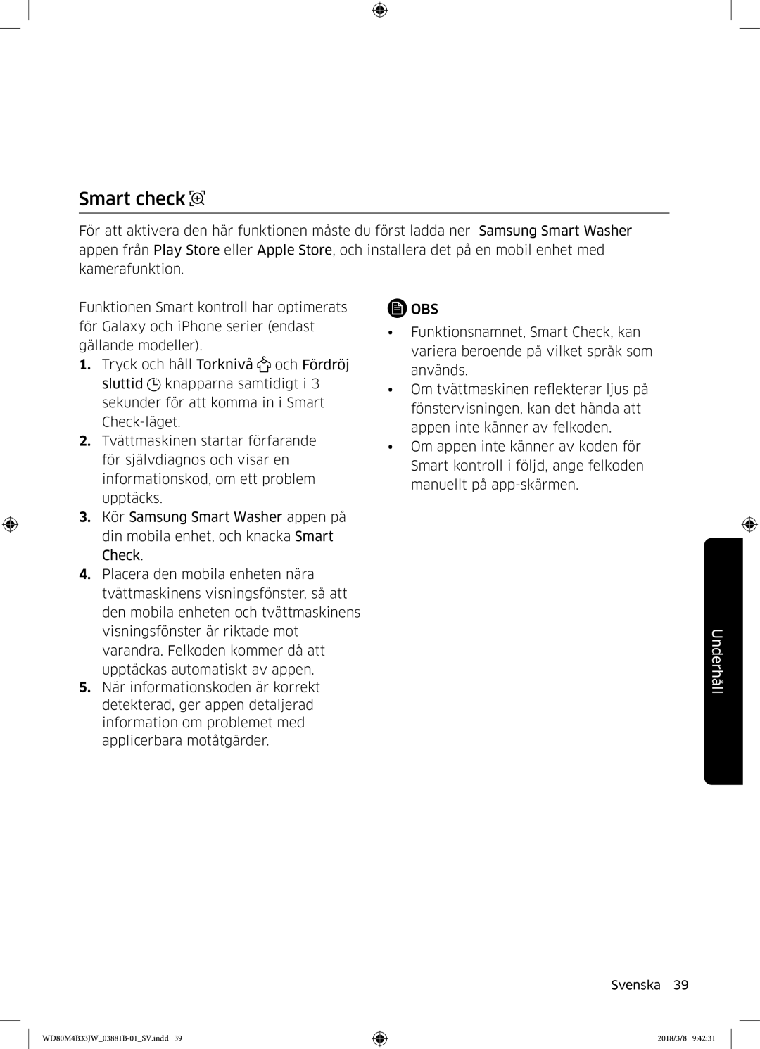 Samsung WD80M4B33IW/EE, WD80M4B33JW/EE, WD70M4B33JW/EE manual Smart check 