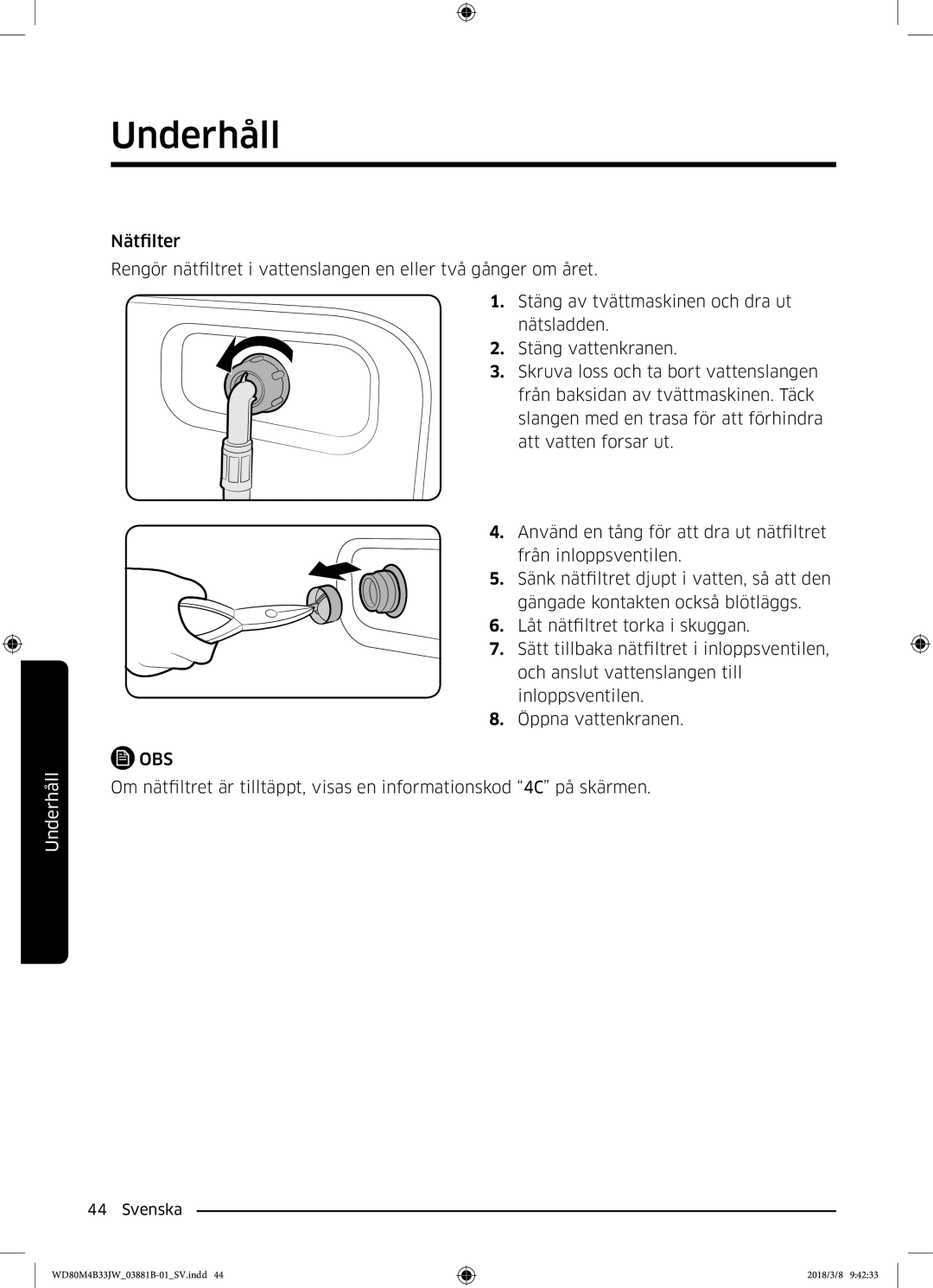 Samsung WD80M4B33JW/EE, WD80M4B33IW/EE, WD70M4B33JW/EE manual Underhåll 