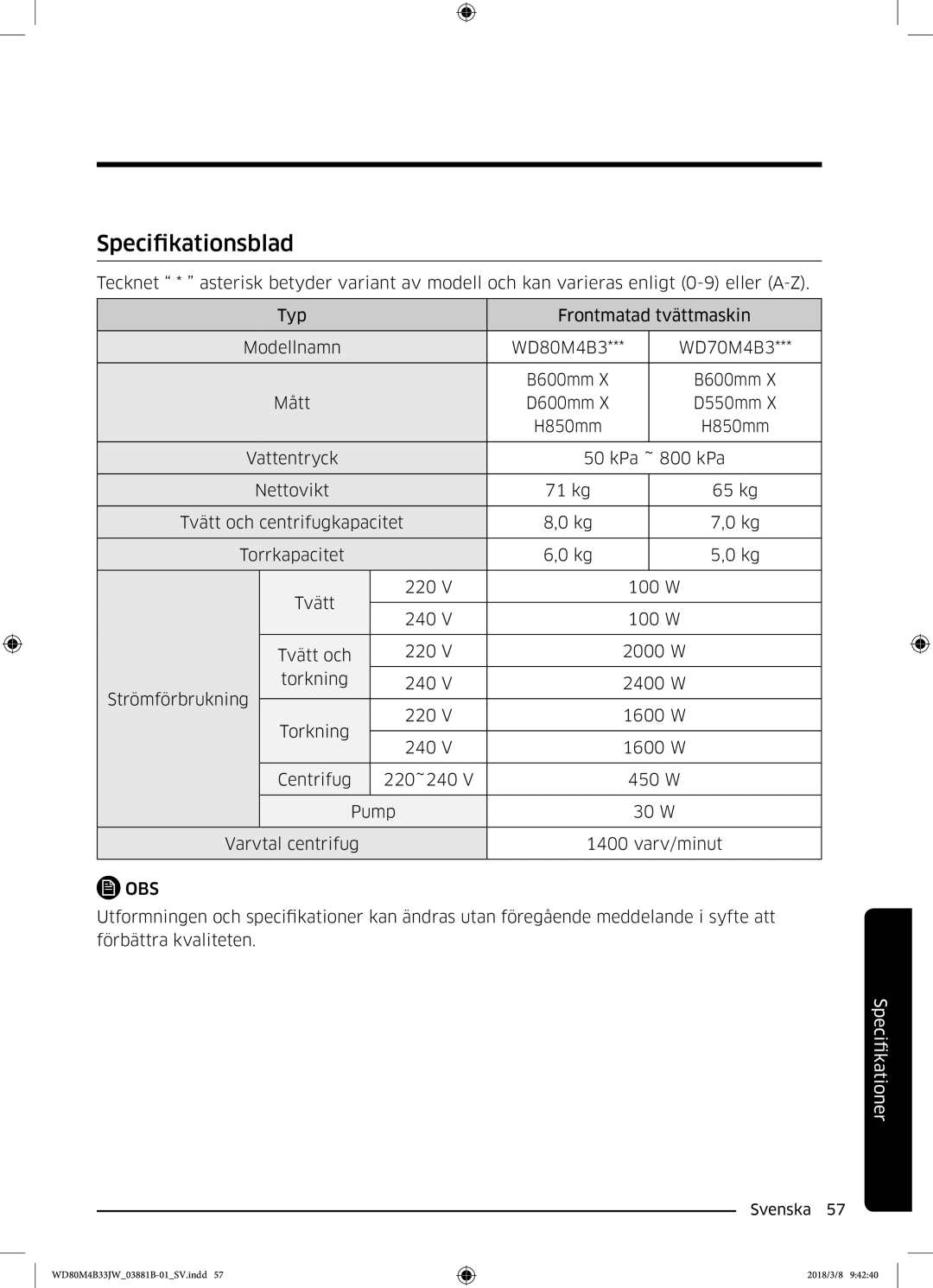 Samsung WD80M4B33IW/EE, WD80M4B33JW/EE, WD70M4B33JW/EE manual Specifikationsblad, Obs 