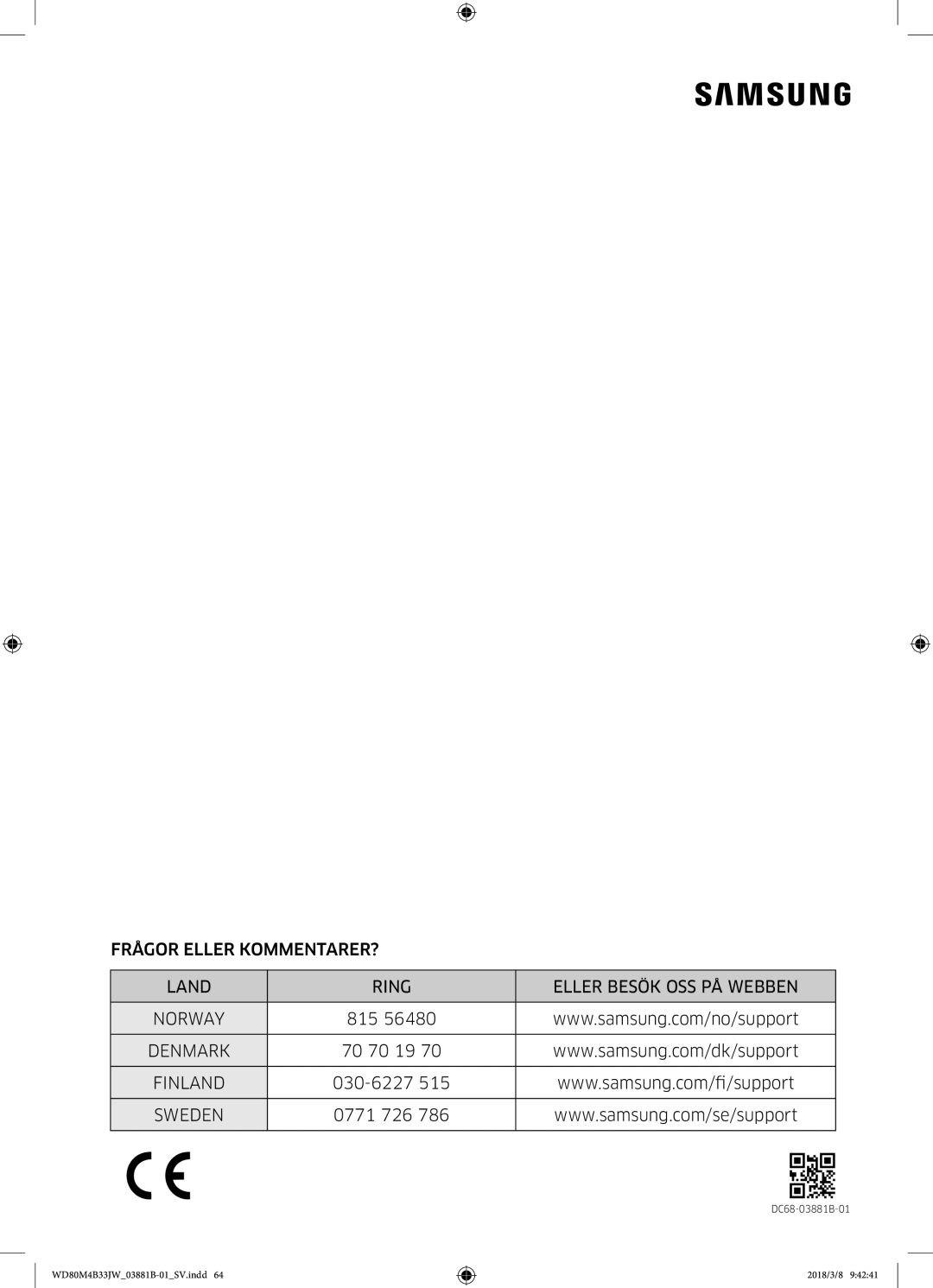 Samsung WD70M4B33JW/EE, WD80M4B33JW/EE, WD80M4B33IW/EE manual Denmark 