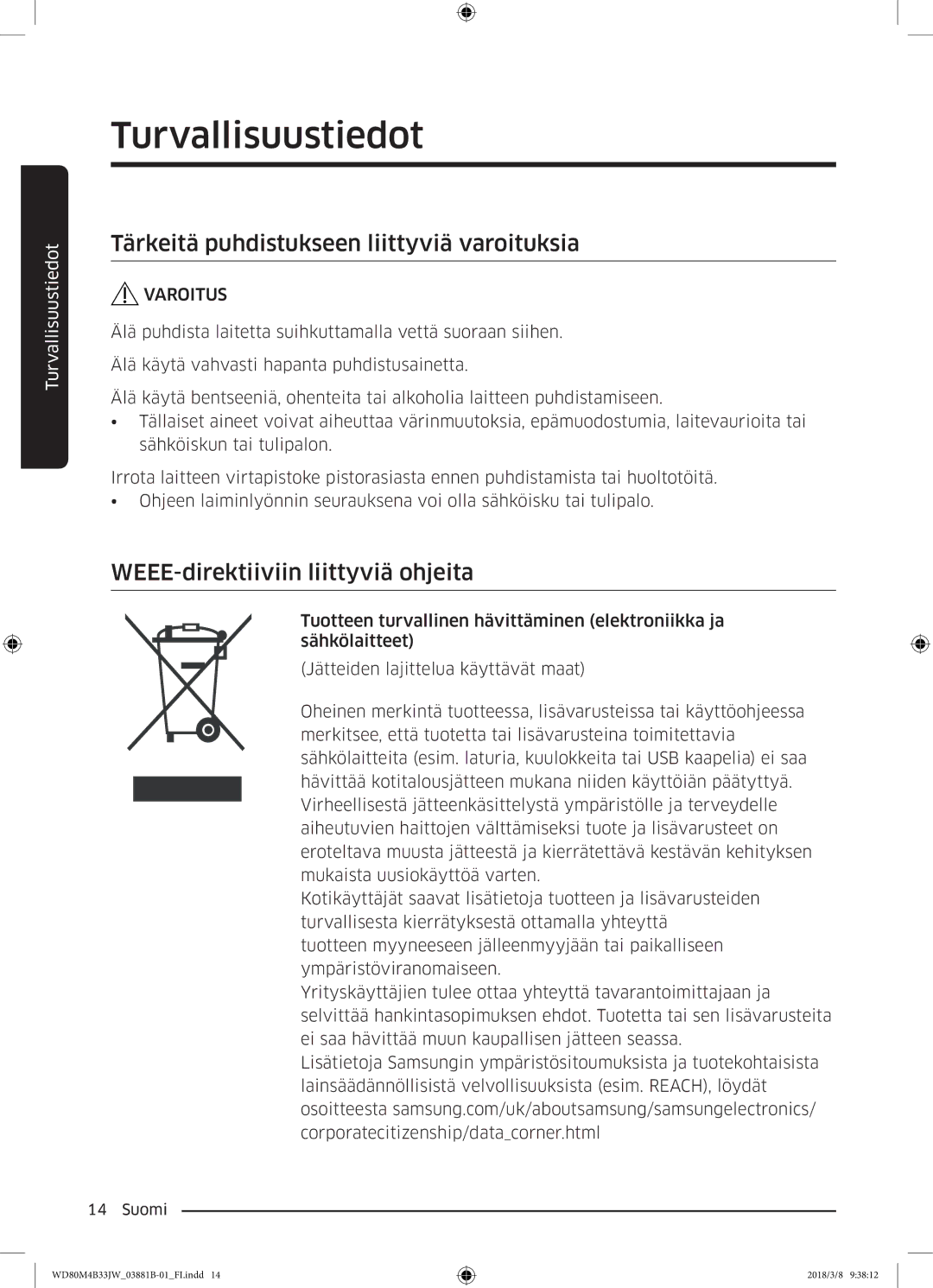 Samsung WD80M4B33IW/EE, WD80M4B33JW/EE Tärkeitä puhdistukseen liittyviä varoituksia, WEEE-direktiiviin liittyviä ohjeita 