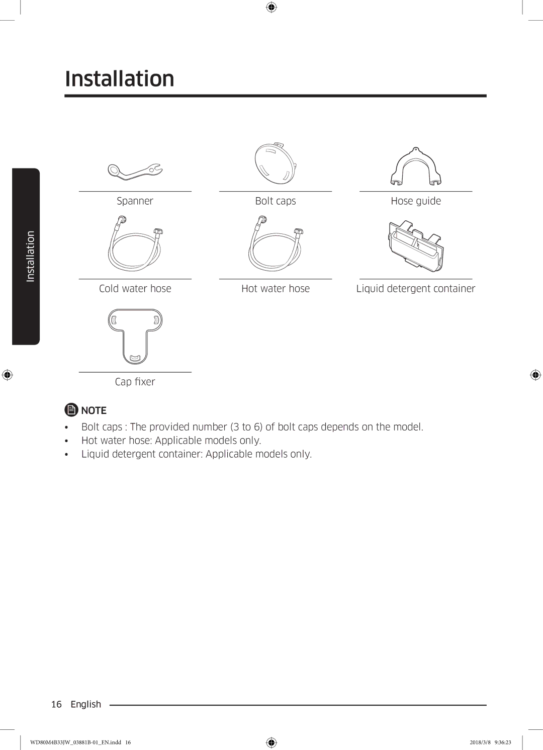 Samsung WD80M4B33IW/EE, WD80M4B33JW/EE, WD70M4B33JW/EE manual Spanner Bolt caps Hose guide 