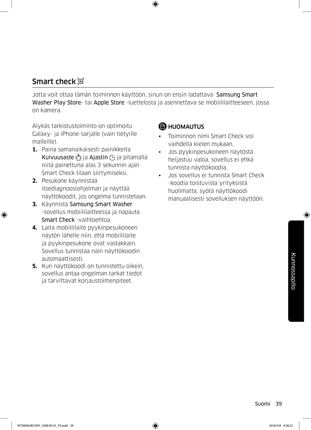 Samsung WD70M4B33JW/EE, WD80M4B33JW/EE, WD80M4B33IW/EE manual Smart check 