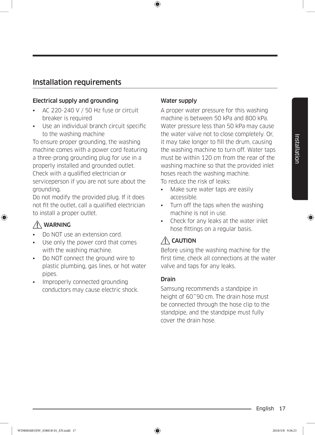 Samsung WD70M4B33JW/EE, WD80M4B33JW/EE, WD80M4B33IW/EE manual Installation requirements 